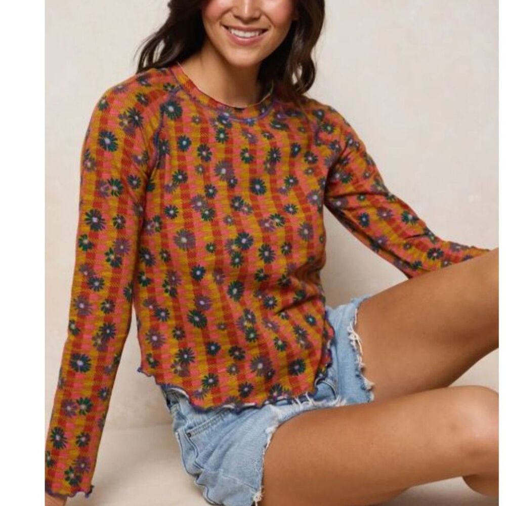 Natural Life Lily Cotton Long Sleeve Tee Shirt Ruffle Hem Floral Artsy Size S